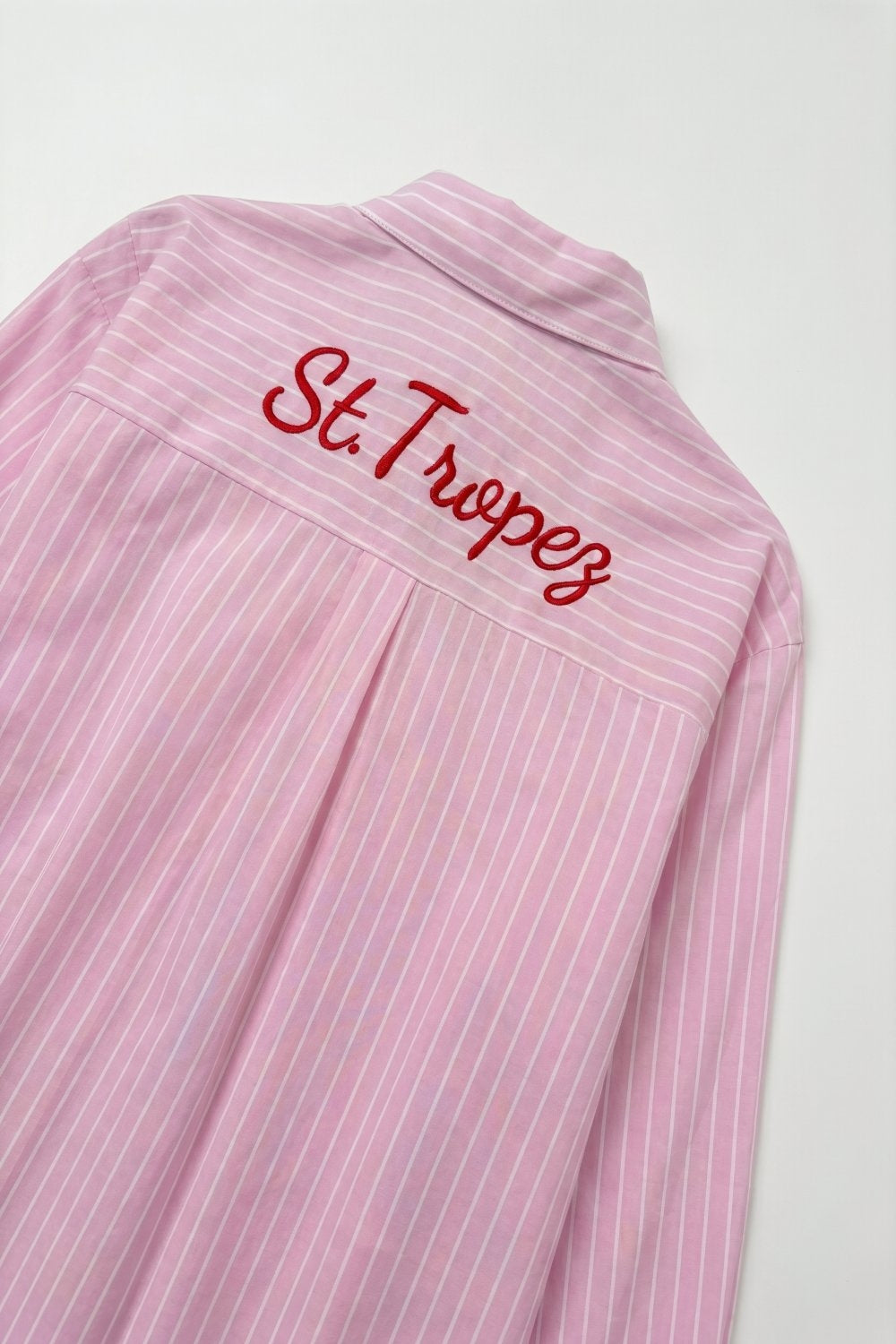 Pink Striped Button-Up Shirt with Embroidered Detail - Shirts