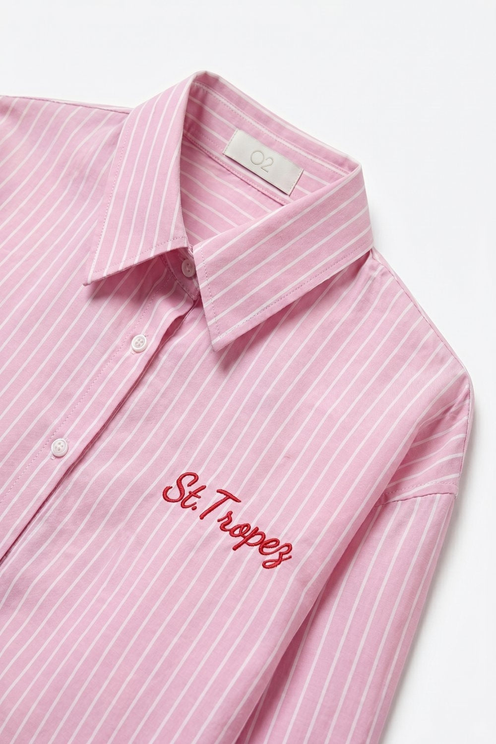 Pink Striped Button-Up Shirt with Embroidered Detail - Shirts