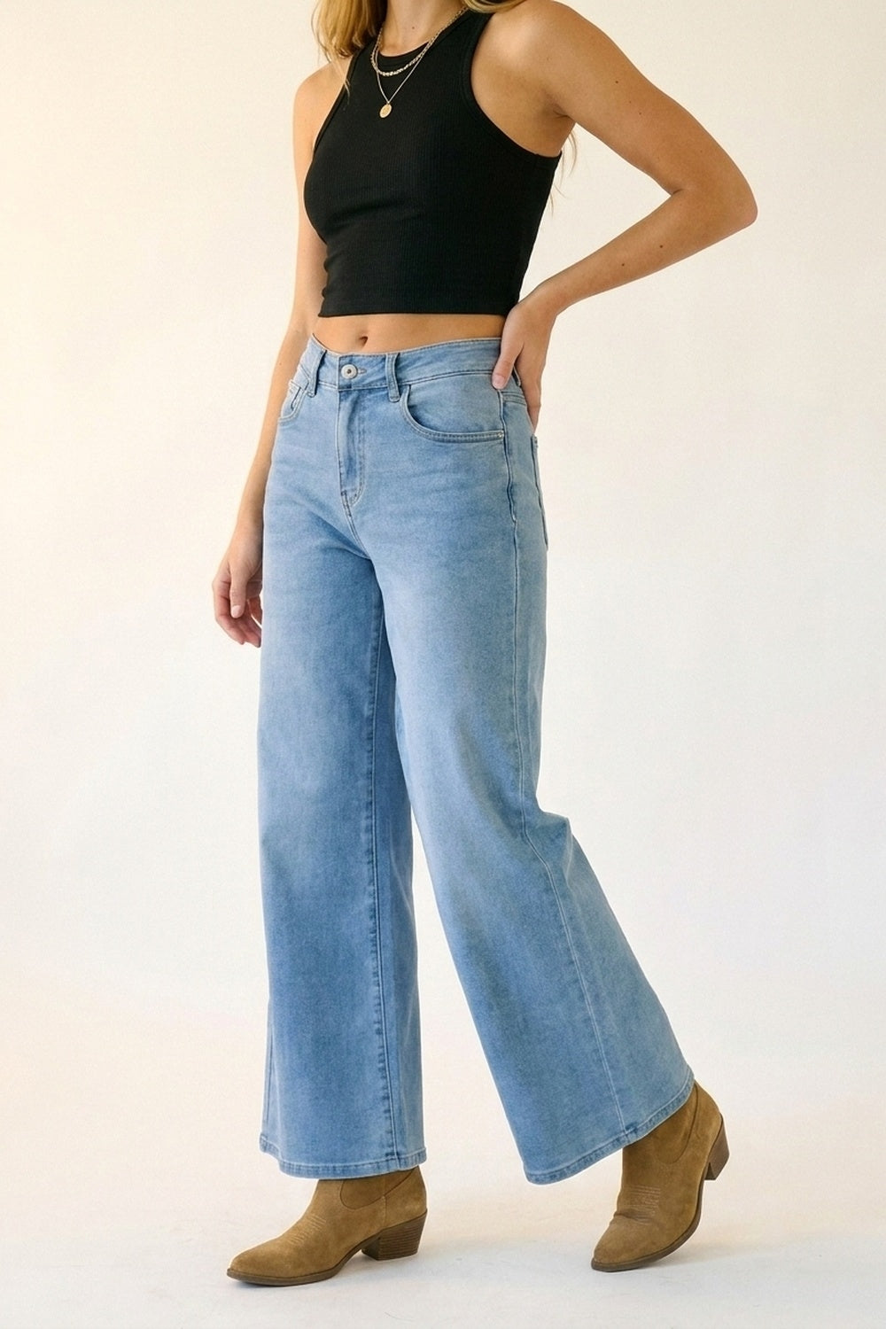 Light Blue Wide-Leg Denim Jeans in ankle lengh - Denim