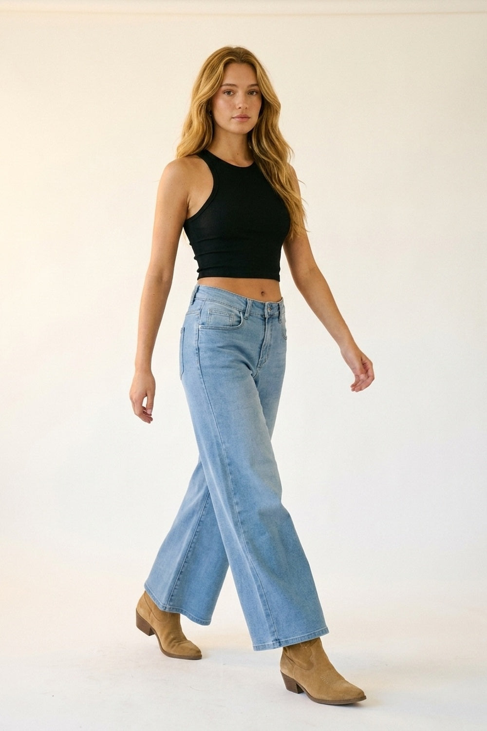 Light Blue Wide-Leg Denim Jeans in ankle lengh - Denim