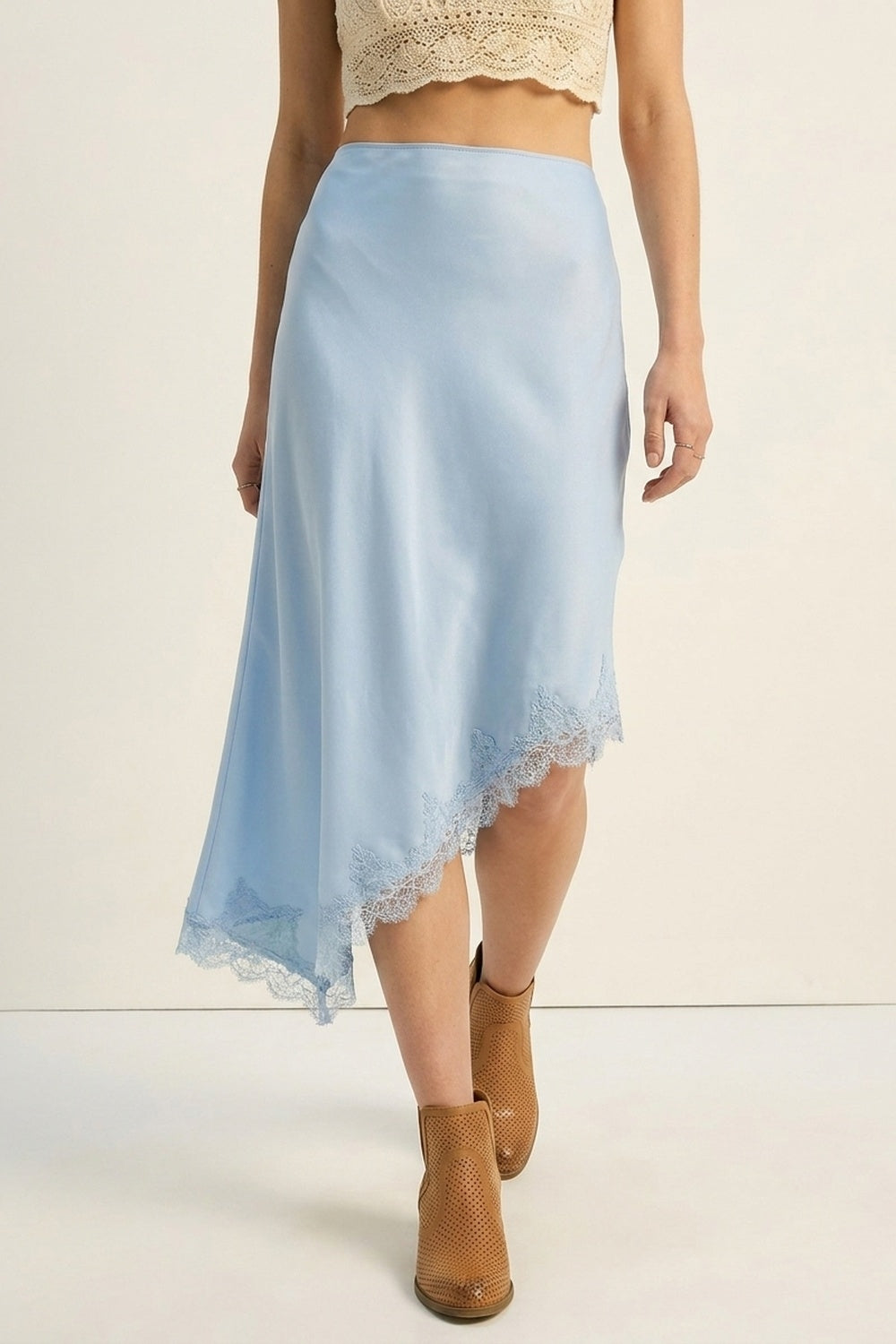 baby Blue Satin Asymmetric Lace Trim Skirt
