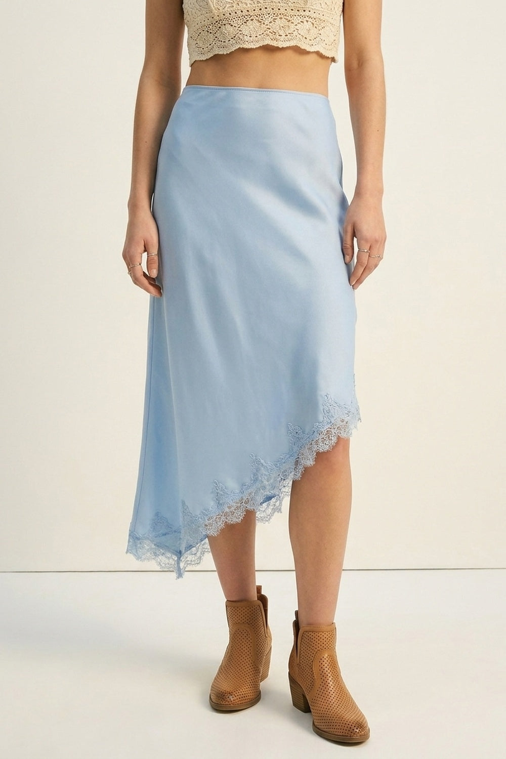 baby Blue Satin Asymmetric Lace Trim Skirt