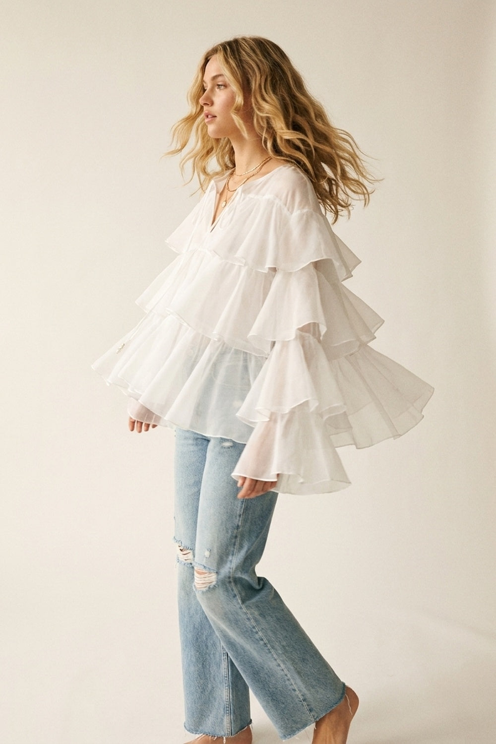 White Tiered Ruffle Peplum Blouse with Tie Neck - Shirts