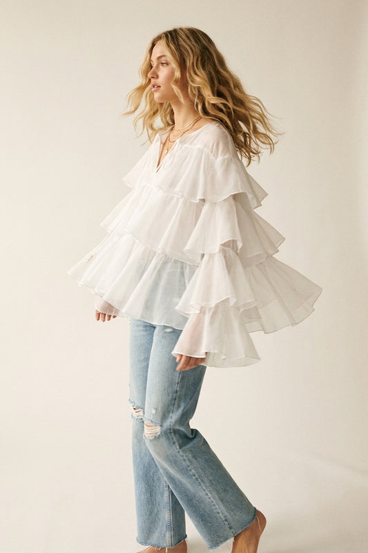 White Tiered Ruffle Peplum Blouse with Tie Neck - Shirts
