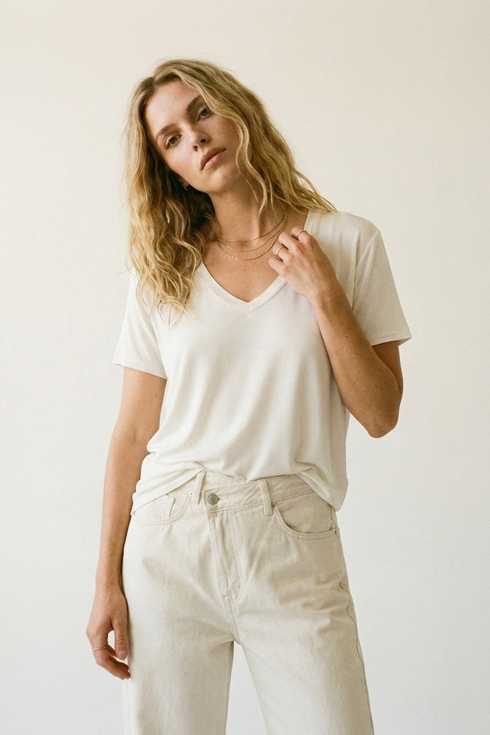 White Soft wide V-Neck t-shirt in viscose fabric - top
