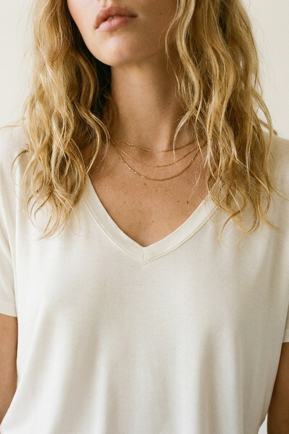 White Soft wide V-Neck t-shirt in viscose fabric - top