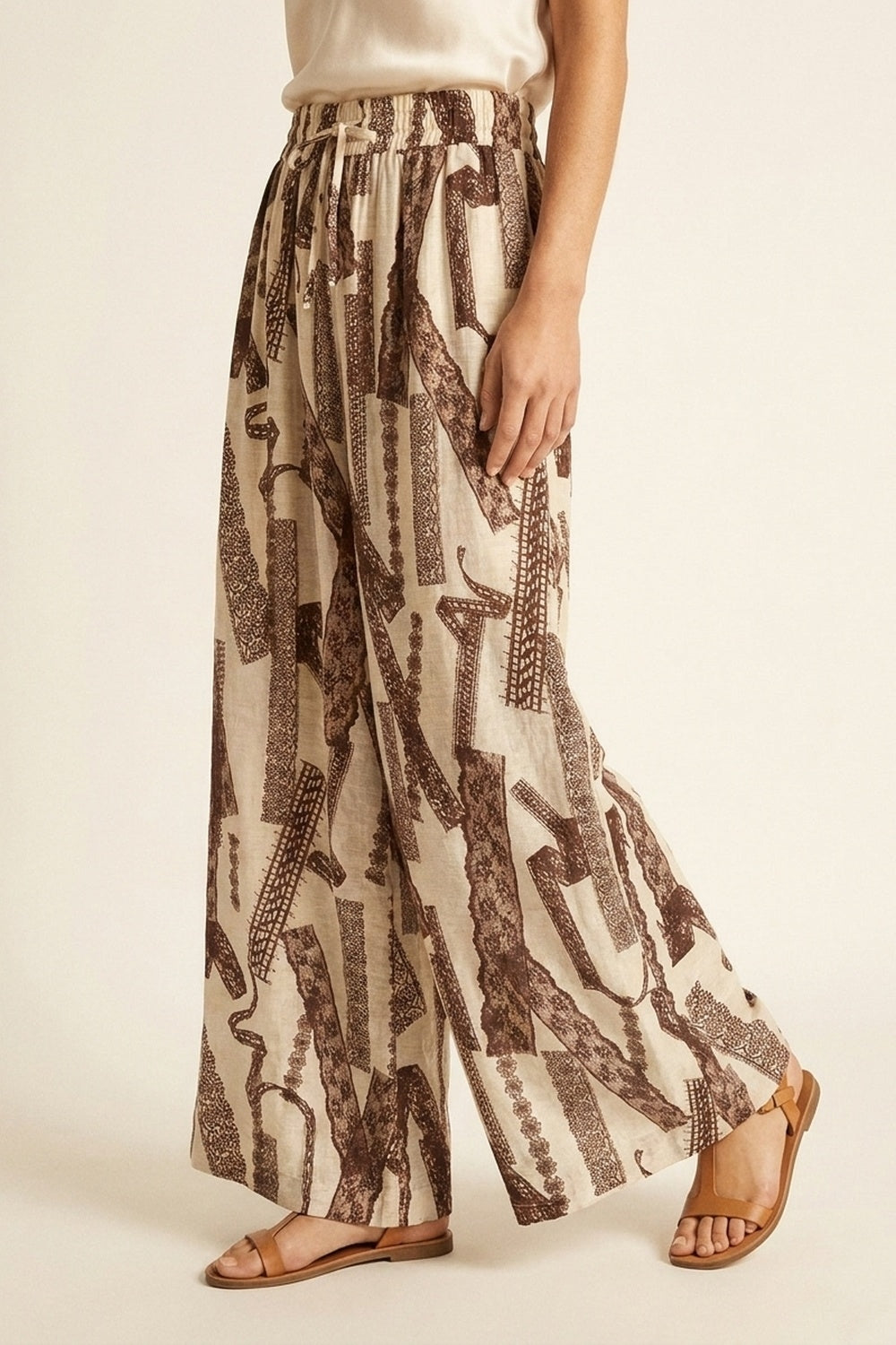 Cream and Brown Printed Wide-Leg Palazzo Pants with ankle lenght - trousers
