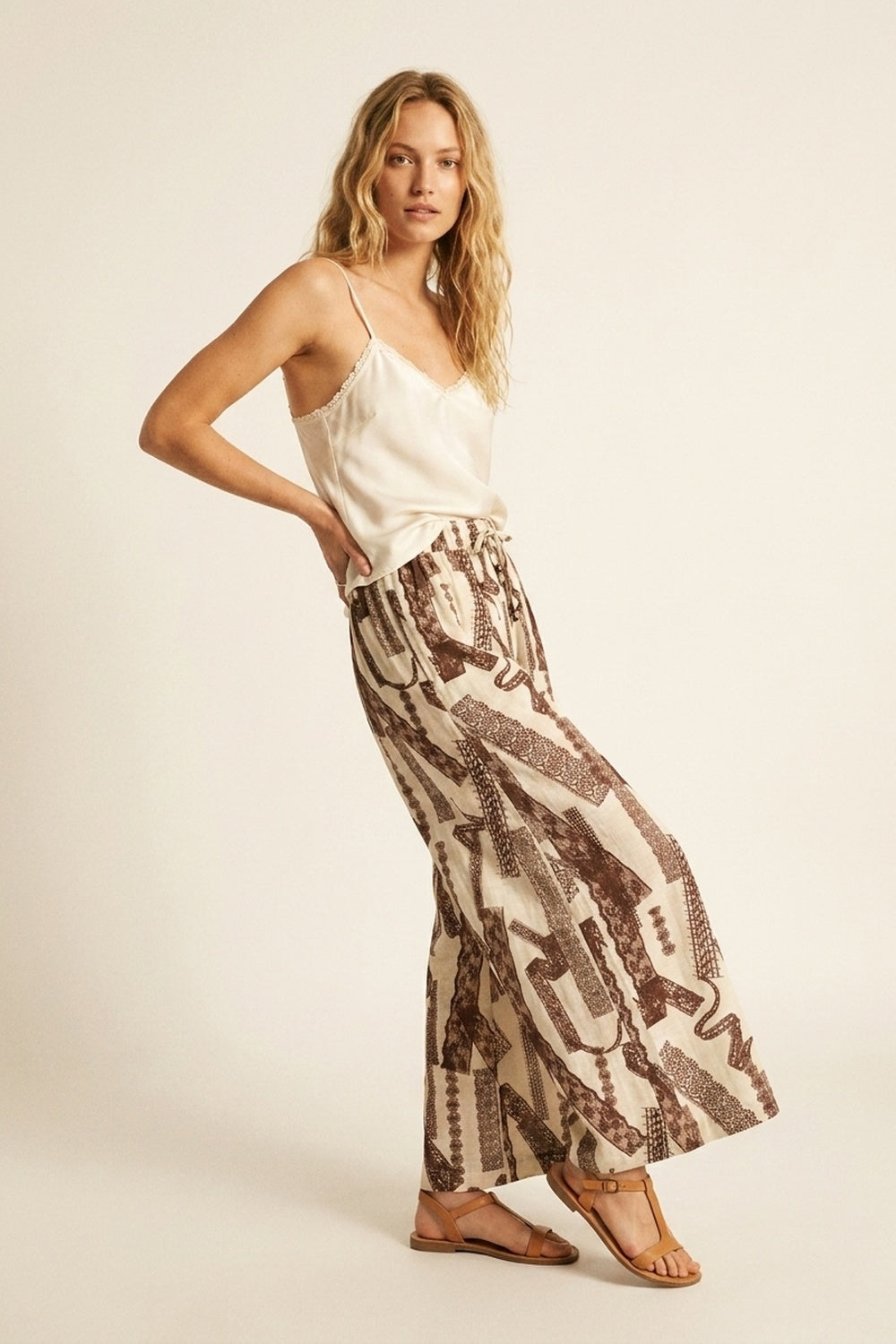 Cream and Brown Printed Wide-Leg Palazzo Pants with ankle lenght - trousers