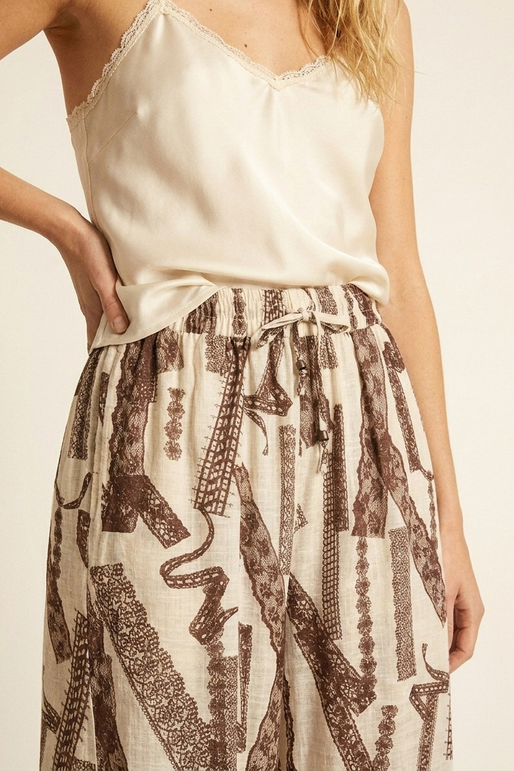 Cream and Brown Printed Wide-Leg Palazzo Pants with ankle lenght - trousers