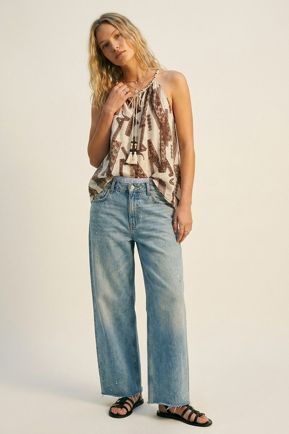 Beige and Brown Printed Relaxed Fit Halter Top