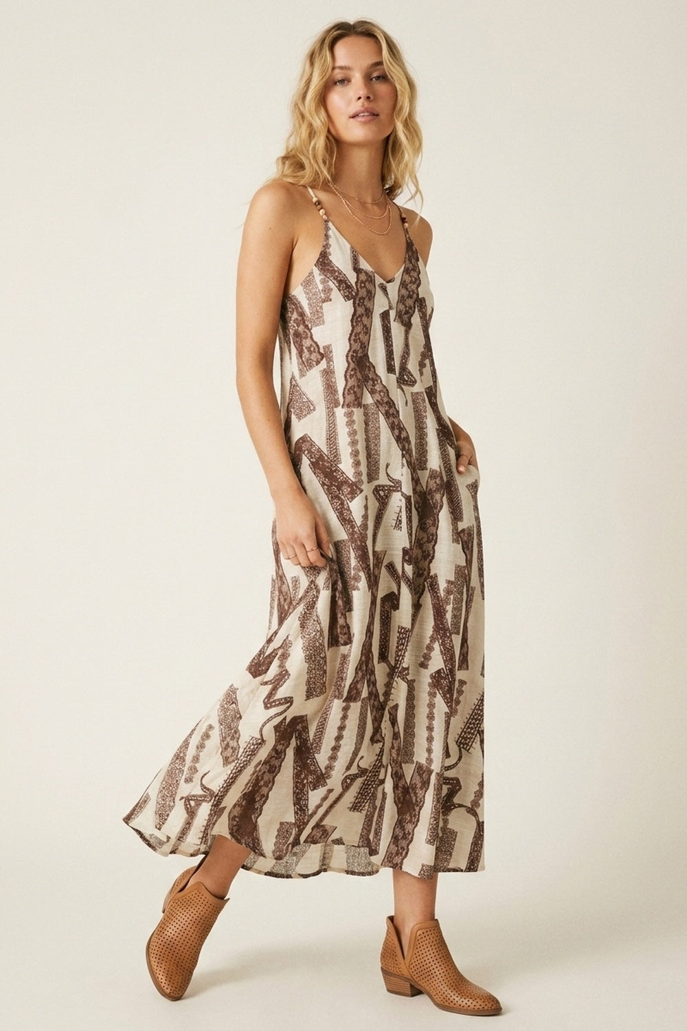 Cream and Brown Printed Flowing Maxi Dress - dress