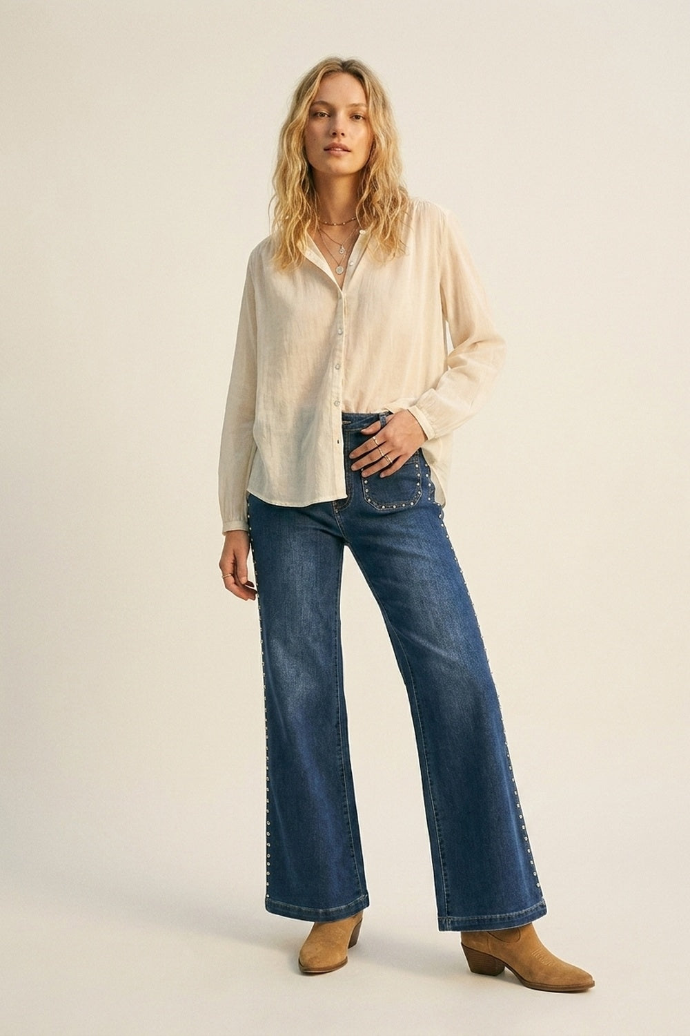 mid wash blue Flare-Leg Denim Jeans with Side Stud Detail - Denim