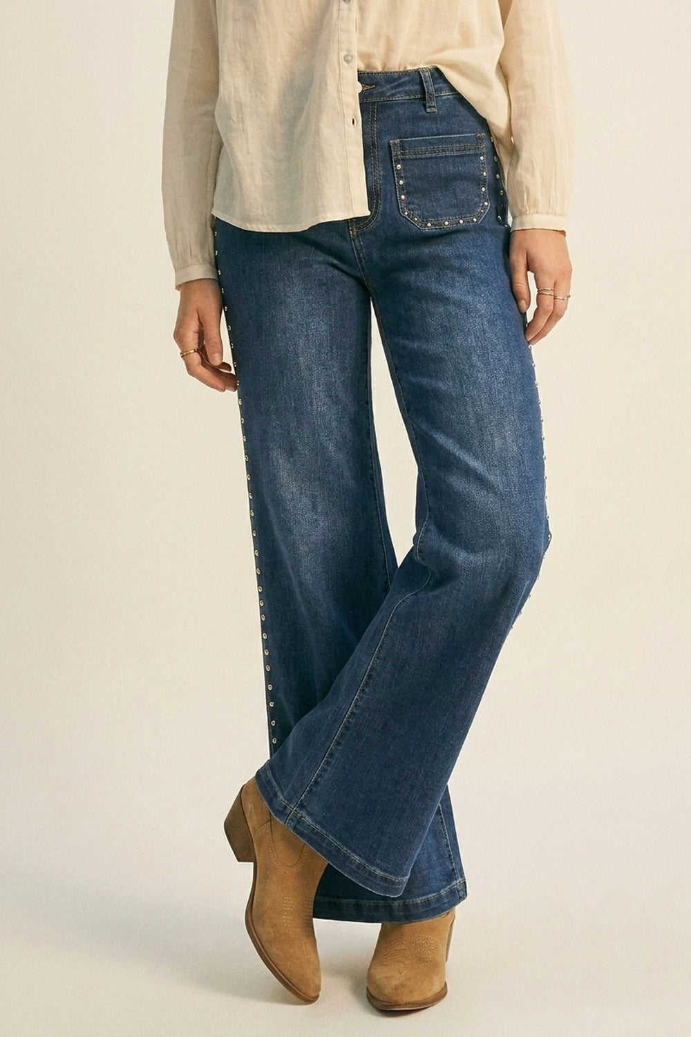 mid wash blue Flare-Leg Denim Jeans with Side Stud Detail - Denim