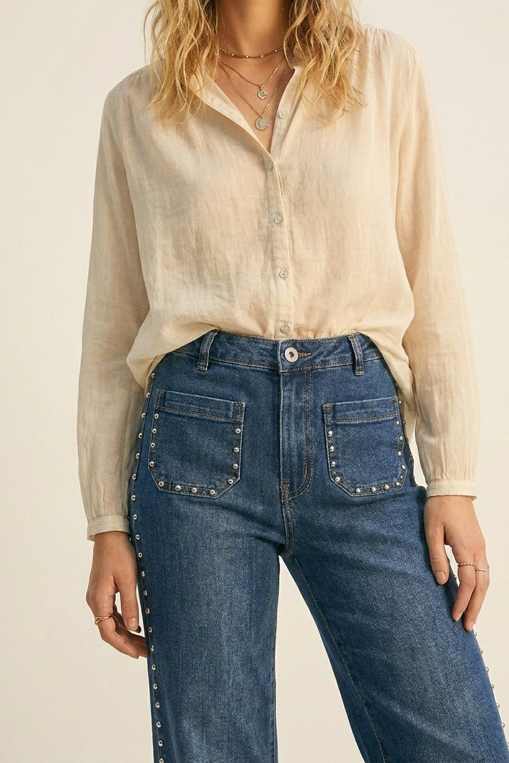 mid wash blue Flare-Leg Denim Jeans with Side Stud Detail - Denim