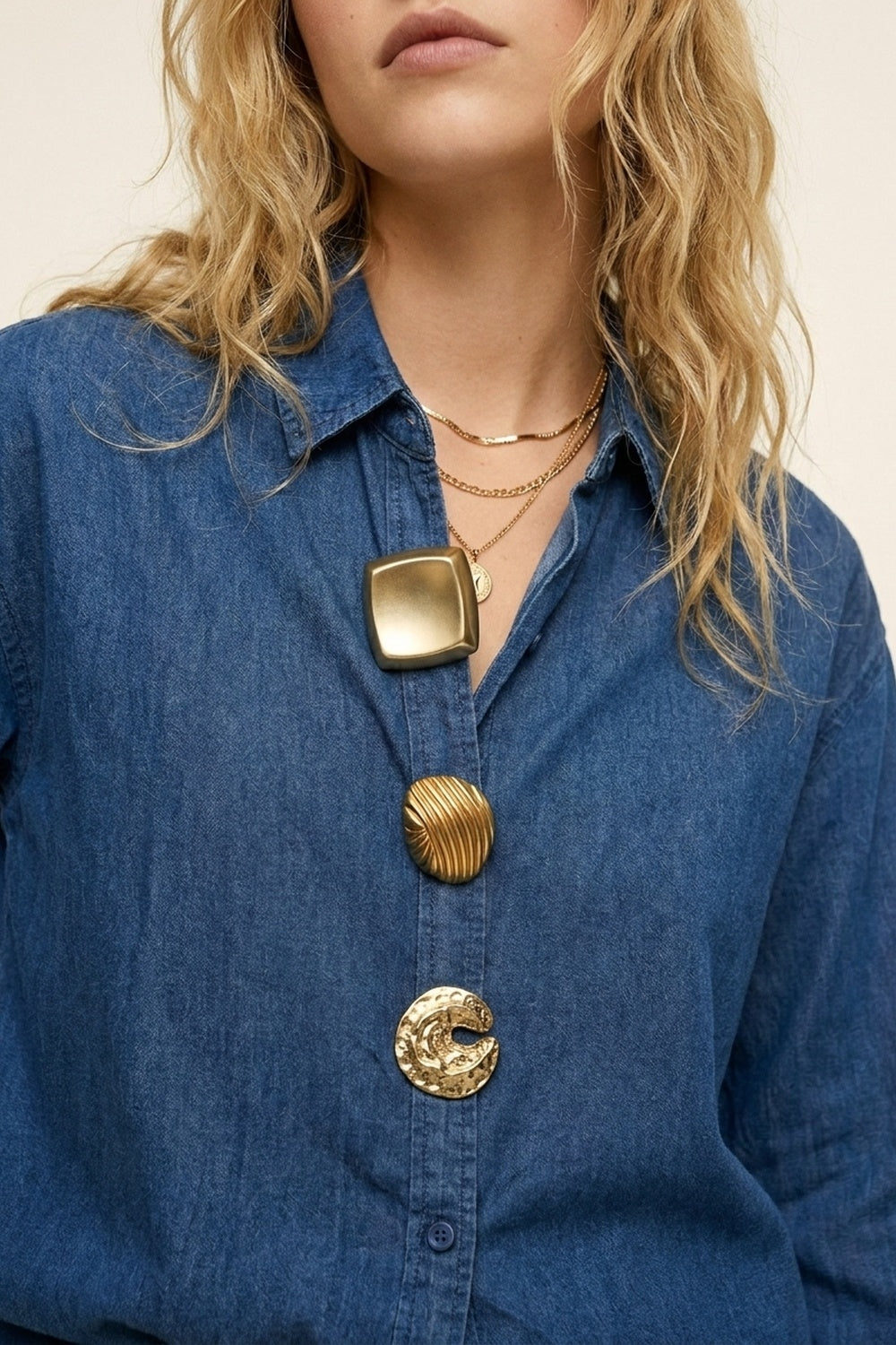 Blue Denim Oversize Shirt with Statement gold Buttons - Shirts