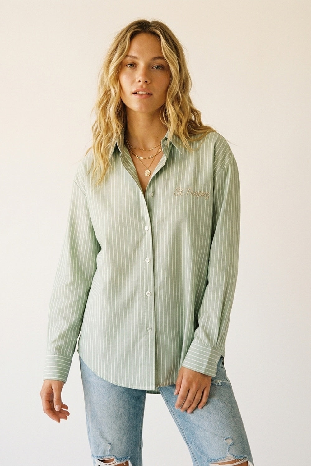 Light Green Striped Shirt with embroidered St. Tropez logo - Shirts