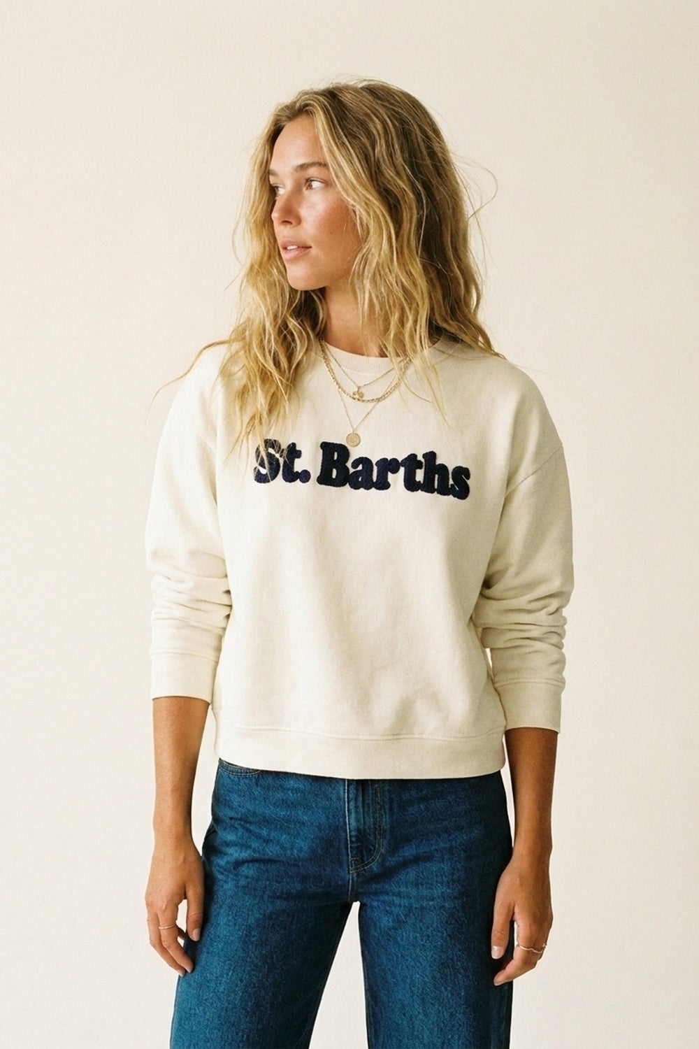 St Barths Navy logo Embroidered Sweatshirt in cream color