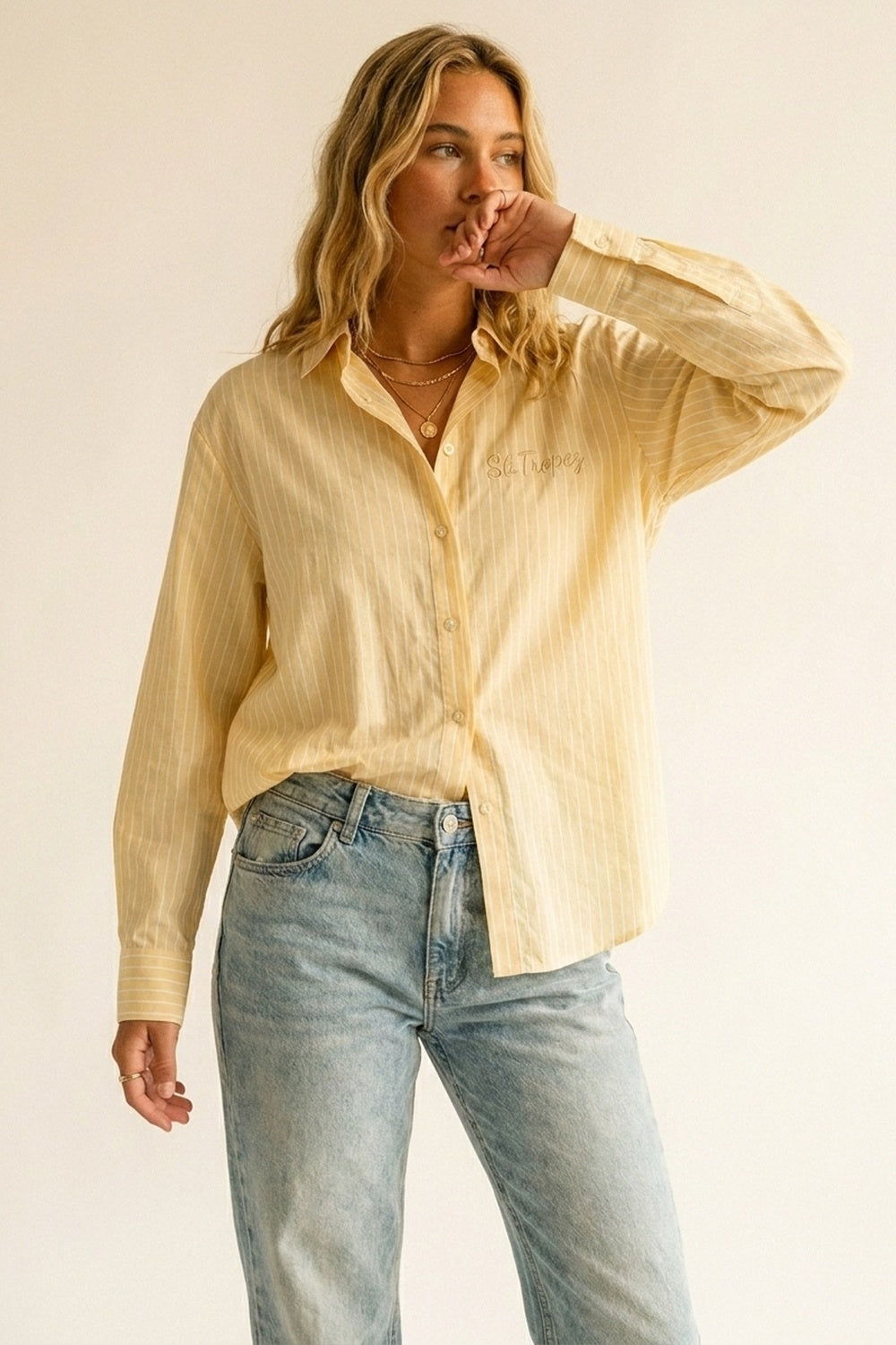 Yellow Pinstripe Button-Up Shirt With Embroidered St.Tropez - Shirts