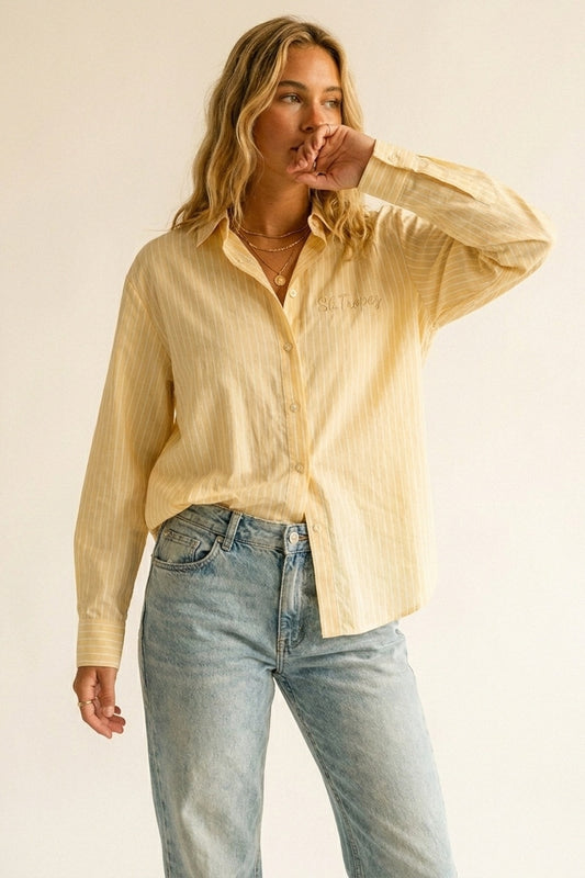 Yellow Pinstripe Button-Up Shirt With Embroidered St.Tropez - Shirts