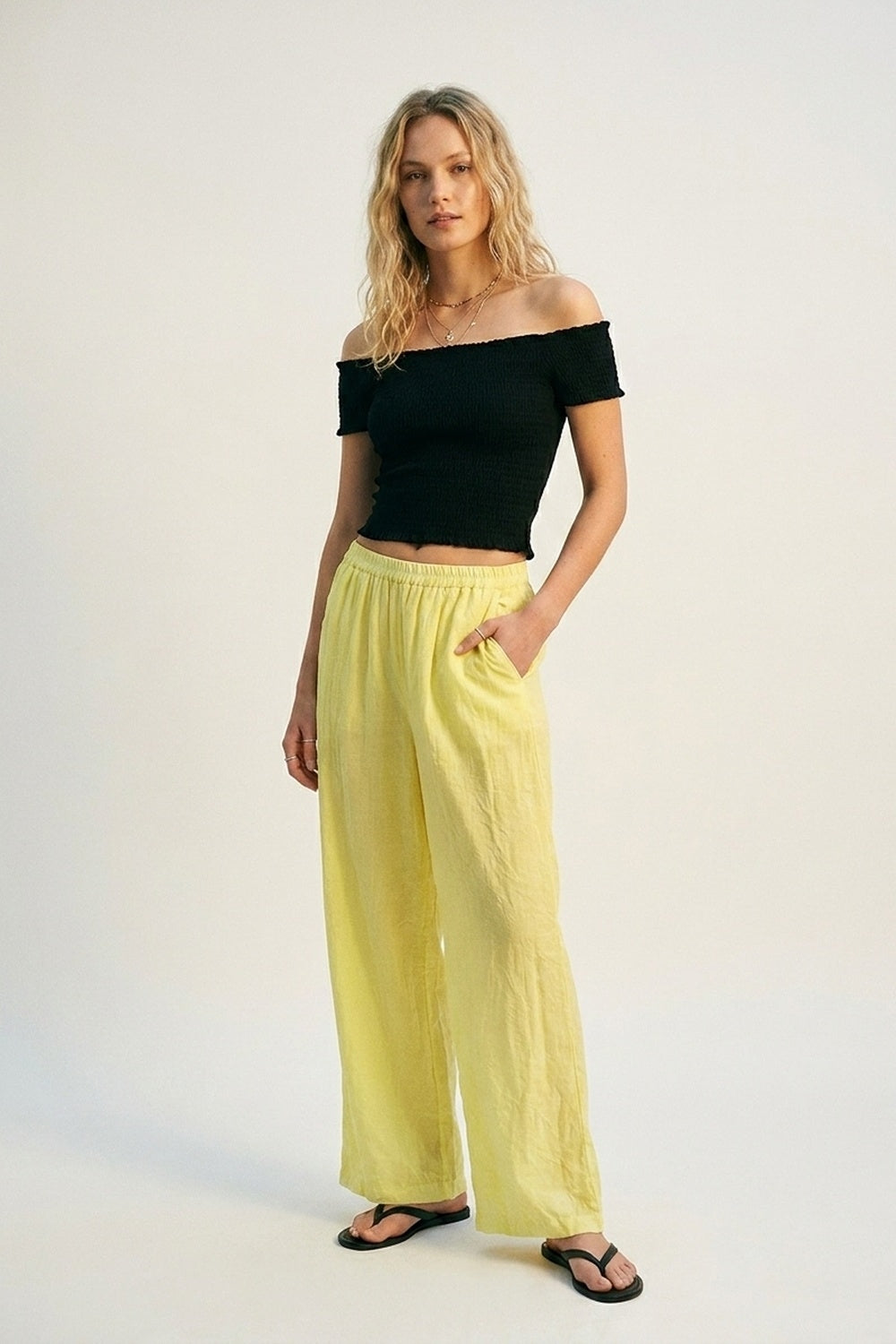 Yellow Wide-Leg Pants with sheer fabric - trousers