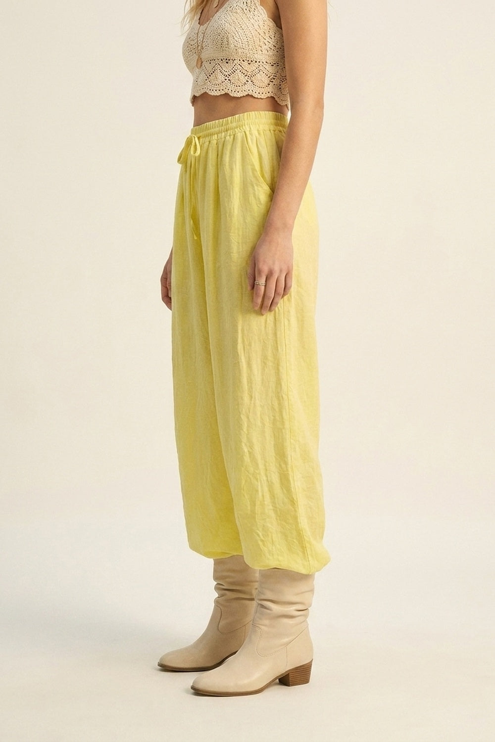 Yellow Wide-Leg Drawstring Pants with sheer fabric - trousers