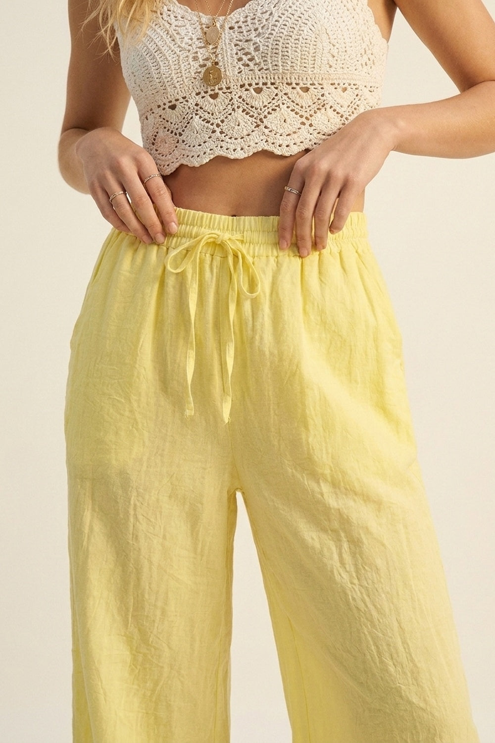 Yellow Wide-Leg Drawstring Pants with sheer fabric - trousers