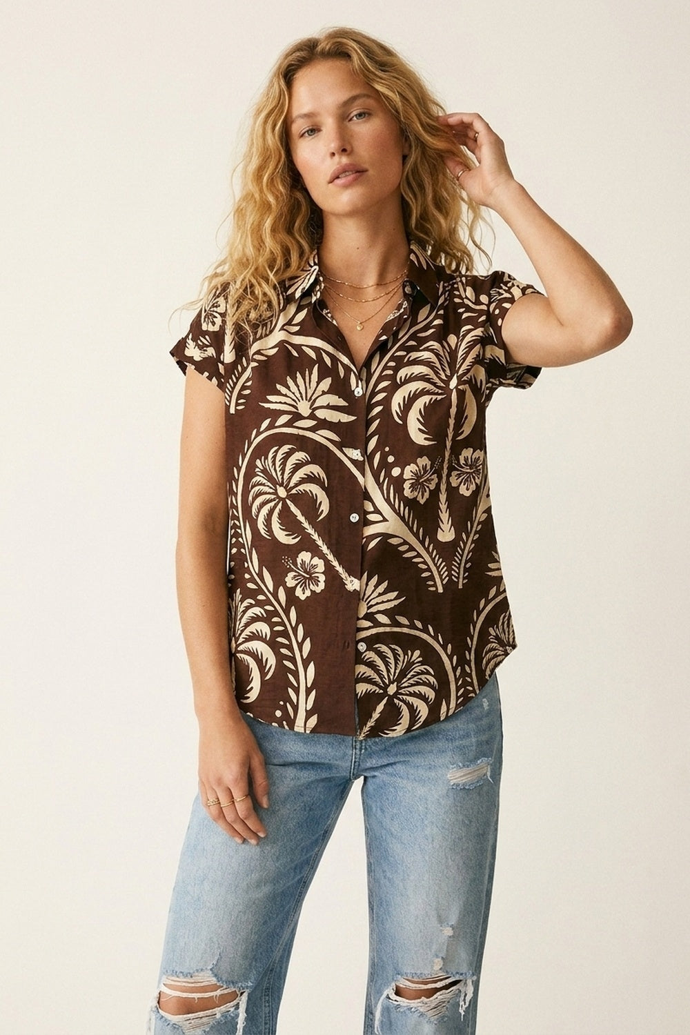 Brown Tropical Print Short Sleeve Button-Up shirt - Shirts