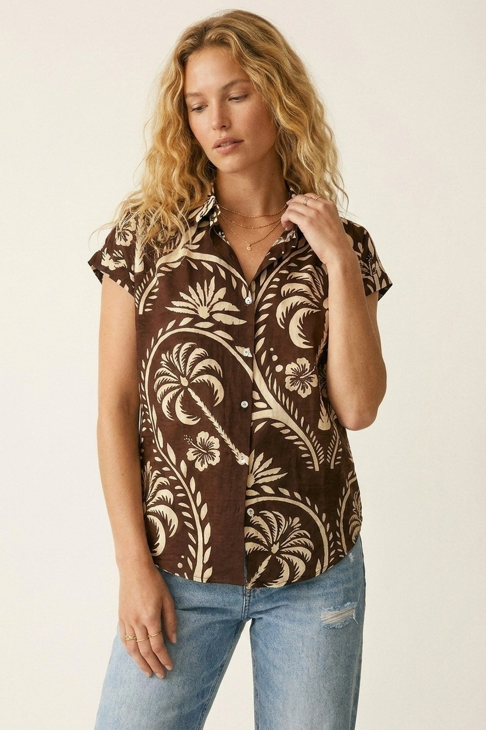 Brown Tropical Print Short Sleeve Button-Up shirt - Shirts