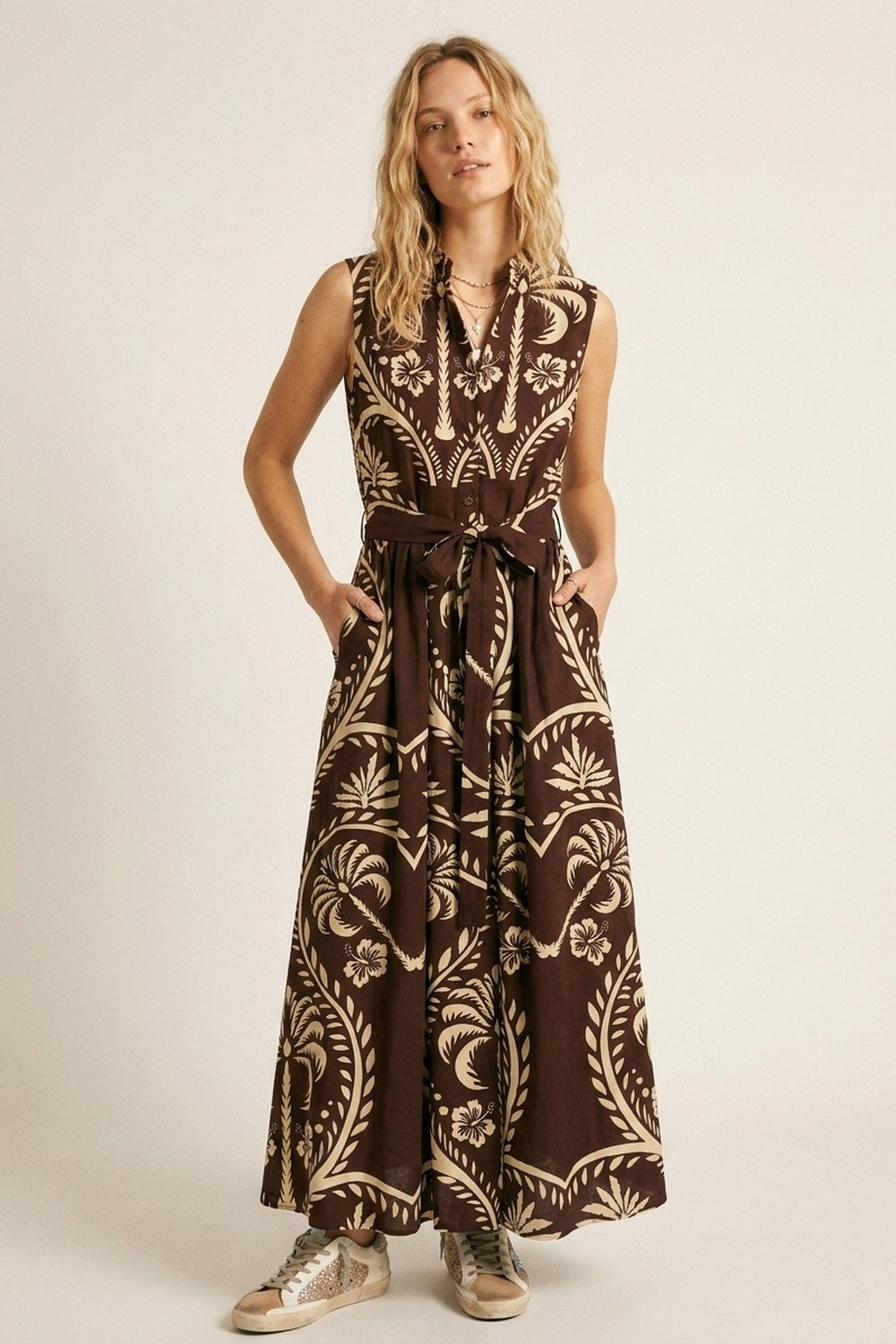 Brown Printed Maxi Dress with Belted Waist - dress