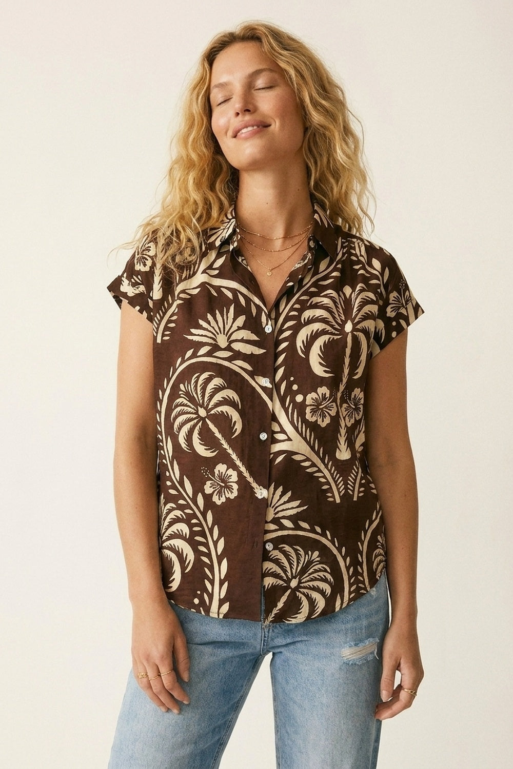 Brown Tropical Print Short Sleeve Button-Up shirt - Shirts