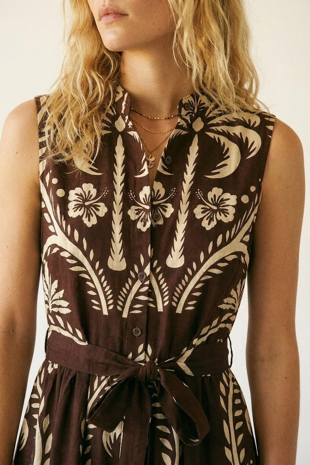Brown Printed Maxi Dress with Belted Waist - dress