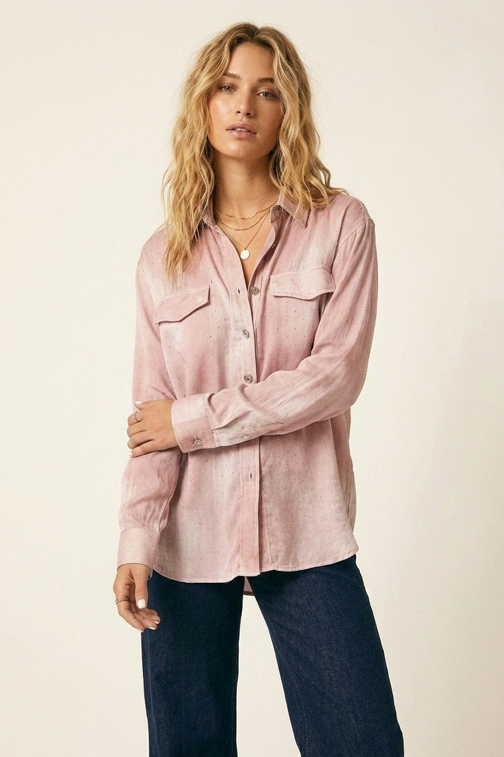 Pink chiffon Shirt with strass details and Chest Pockets - Shirts