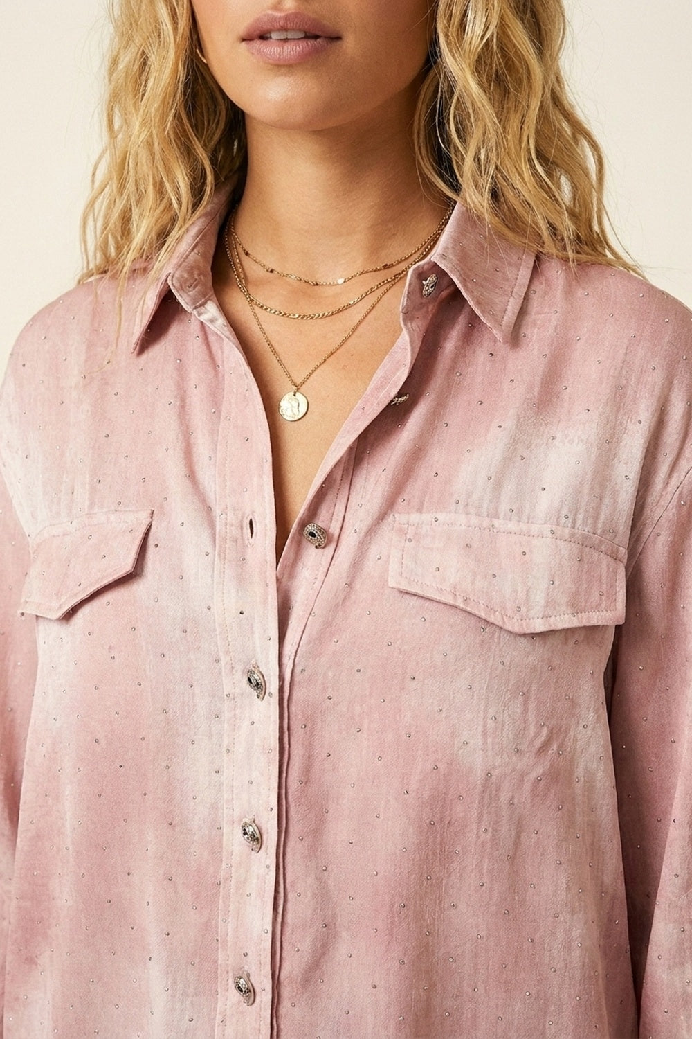 Pink chiffon Shirt with strass details and Chest Pockets - Shirts