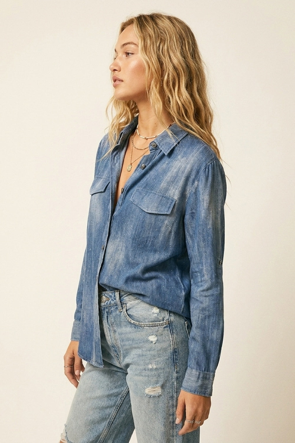 Blue tie dye Shirt in chiffon with strass details - Shirts