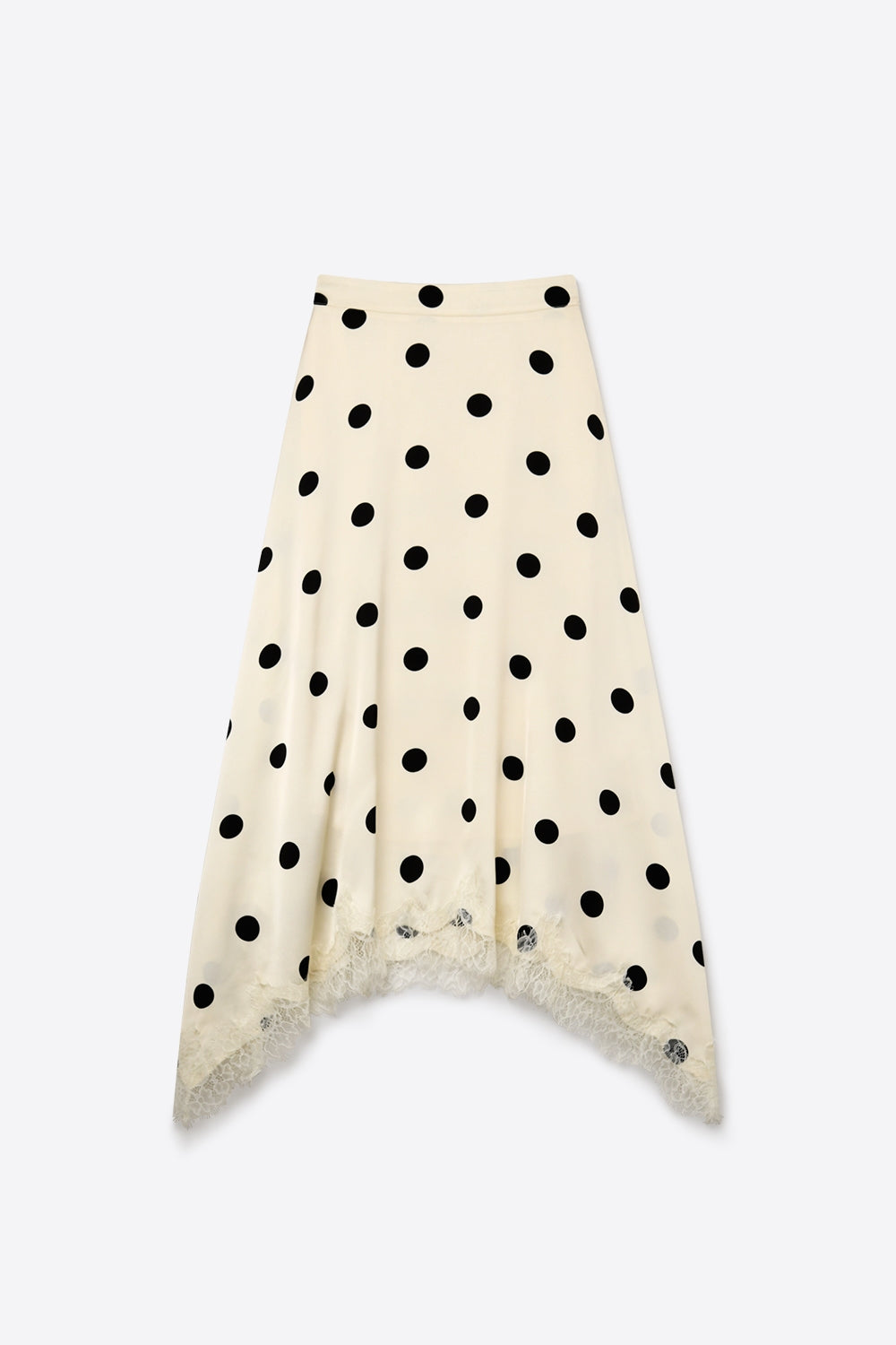 Cream Polka-Dot Print Satin Lace Trim Asymmetrical Midi Skirt