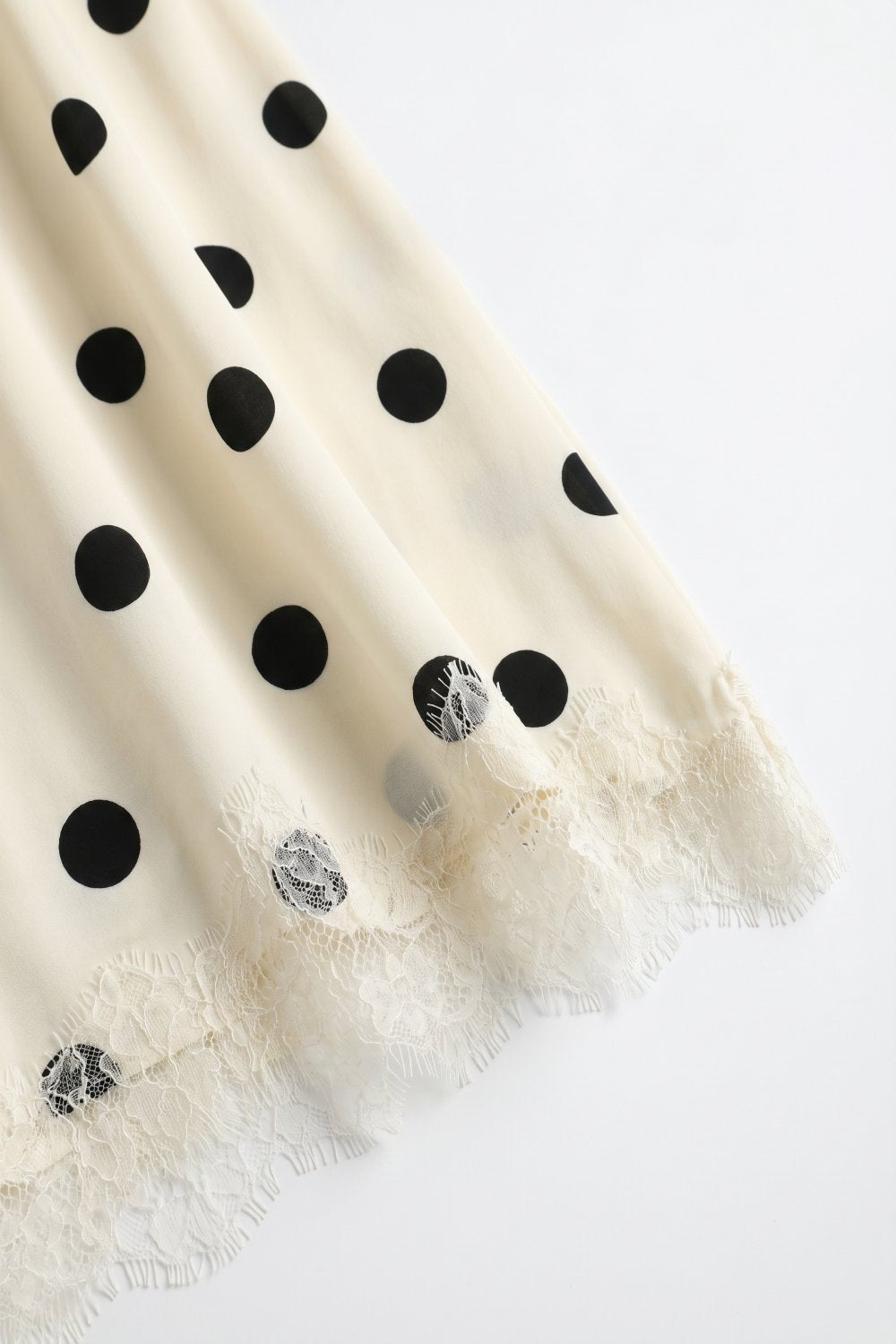 Cream Polka-Dot Print Satin Lace Trim Asymmetrical Midi Skirt
