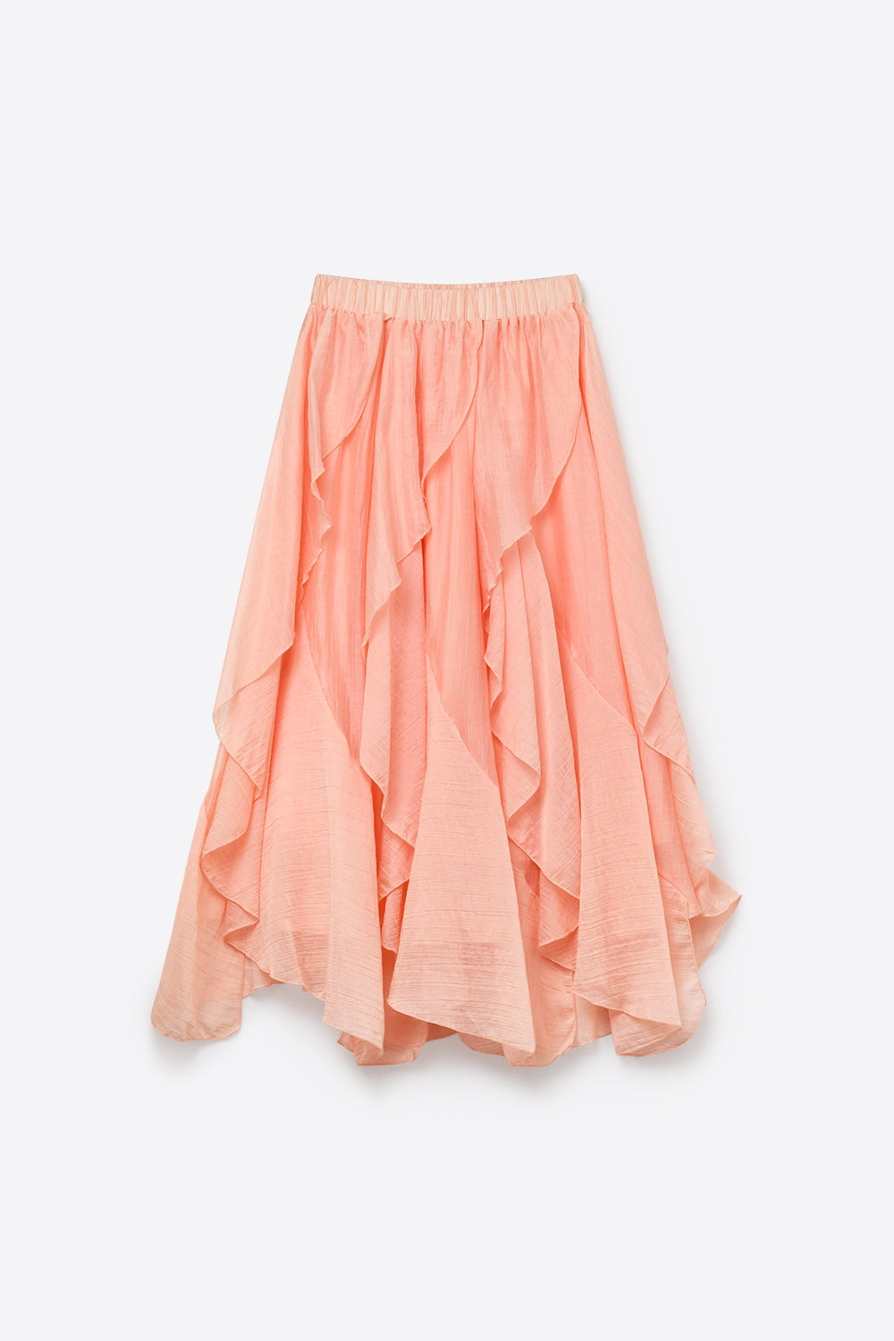 Pink Lightweight Woven Ruffle Tiered Asymmetrical Midi Skirt