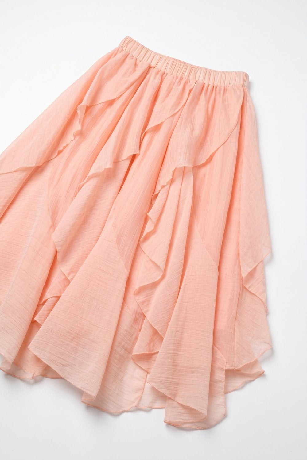 Pink Lightweight Woven Ruffle Tiered Asymmetrical Midi Skirt