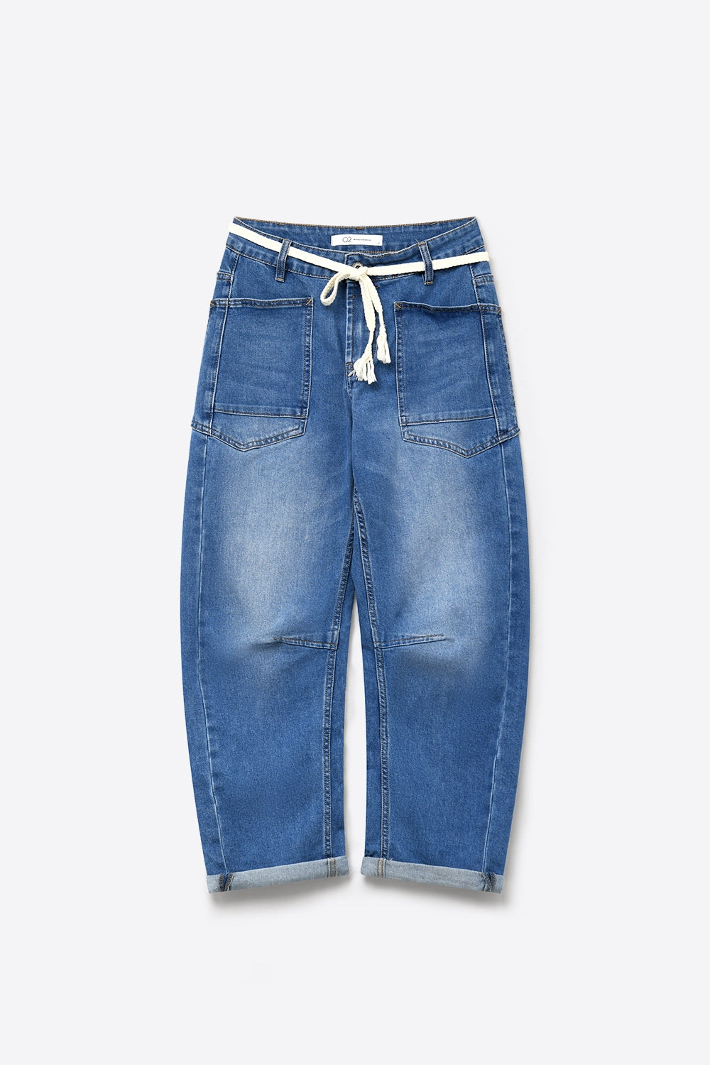 Blue Mid Wash ankle Wide Leg Jeans with Belt - Denim