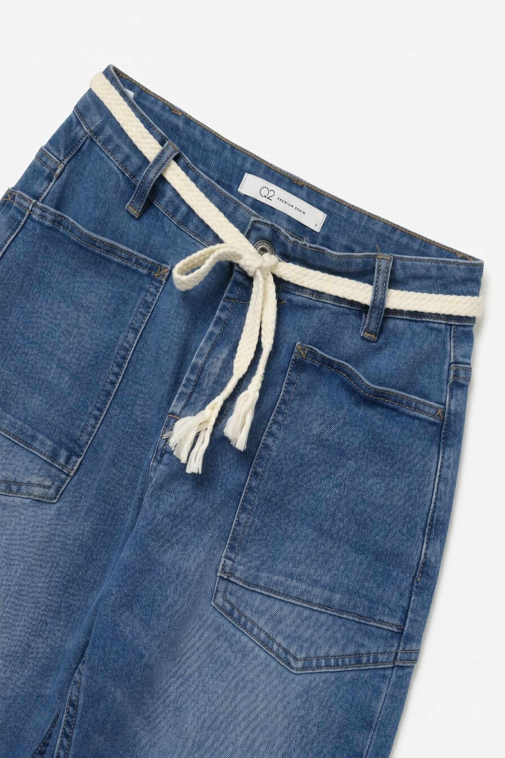 Blue Mid Wash ankle Wide Leg Jeans with Belt - Denim