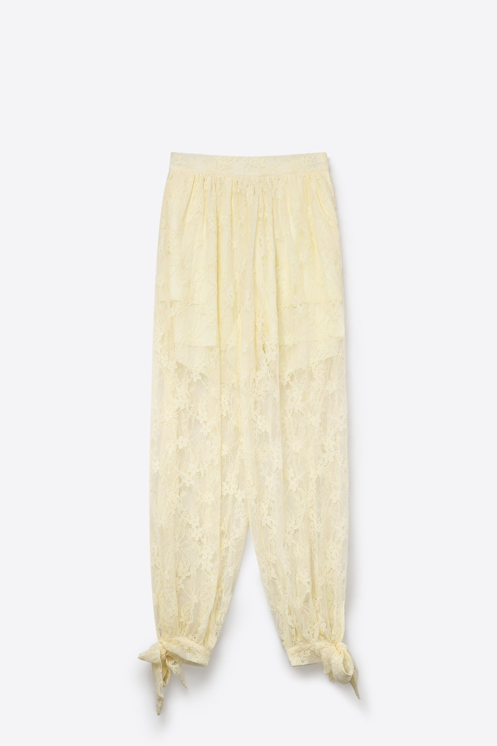 Cream Floral Lace Sheer Tie Hem Relaxed Fit Pants - trousers