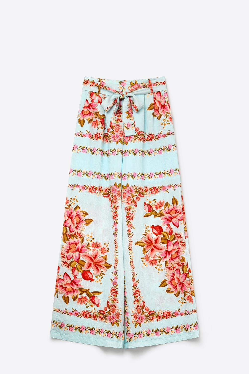Light Blue Floral Print Cotton Tie Waist Wide Leg Pants - trousers