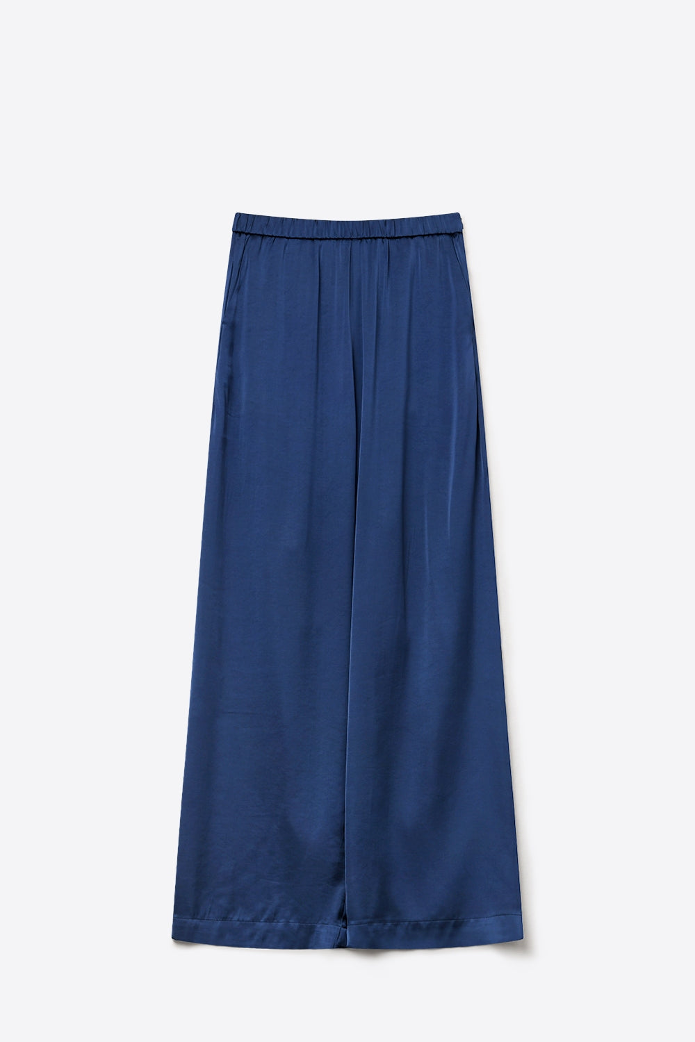 Navy Lightweight Satin Wide Leg Elastic Waist Pants - trousers