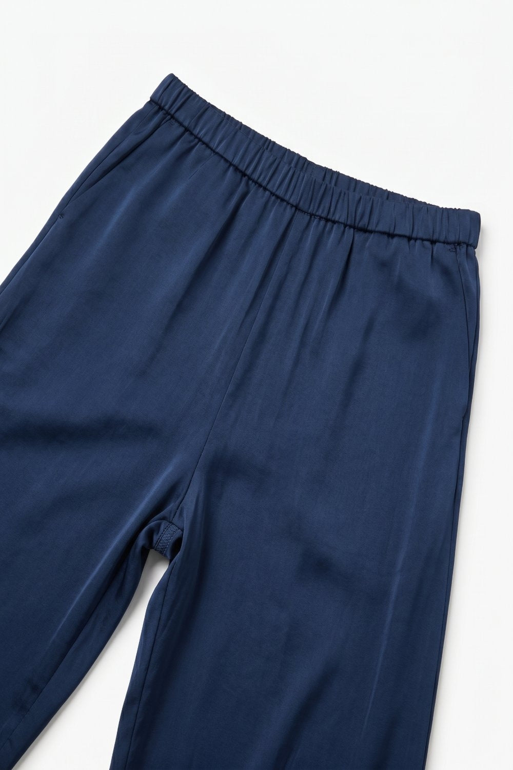 Navy Lightweight Satin Wide Leg Elastic Waist Pants - trousers