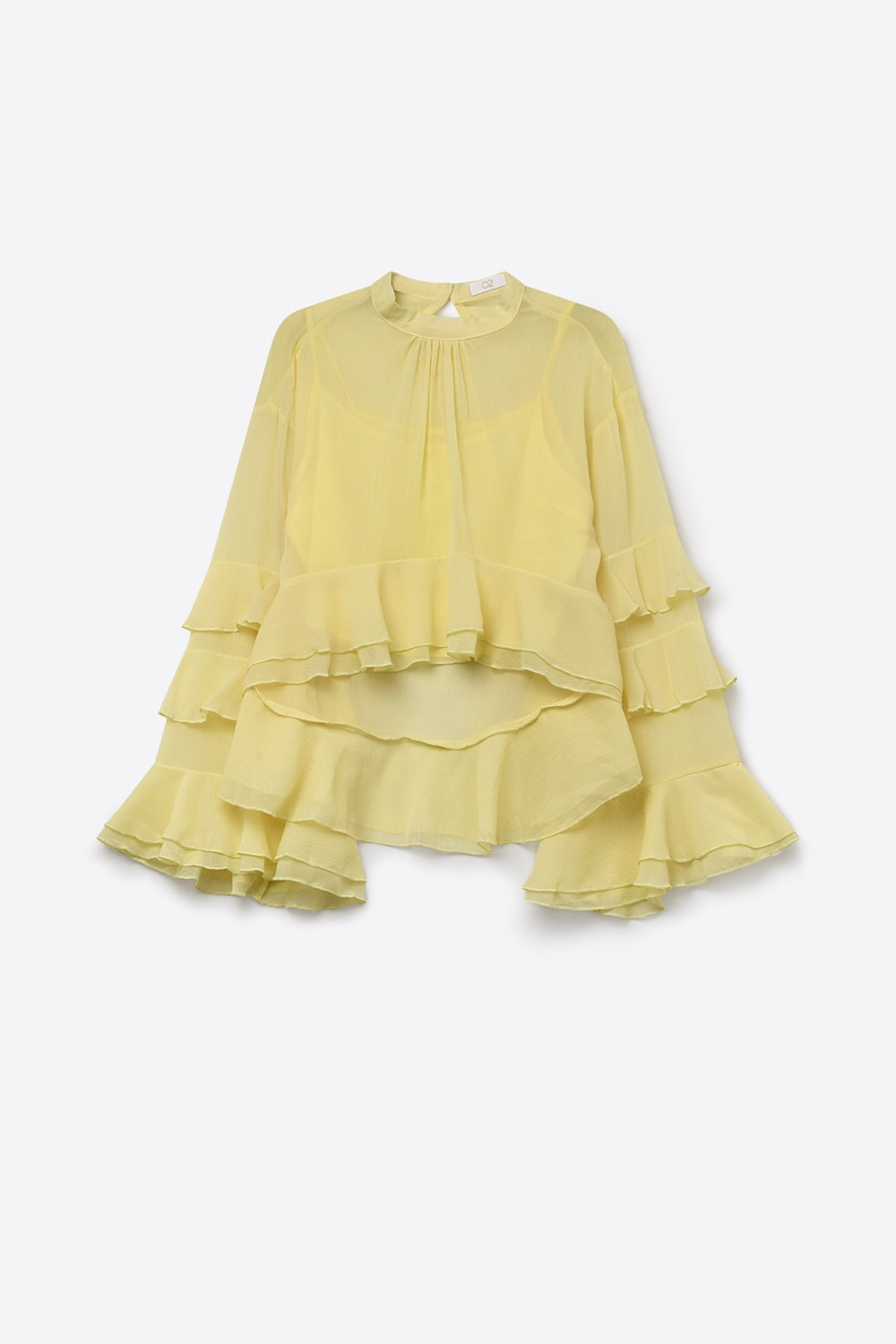 Yellow Chiffon Ruffle Tiered Flared Sleeve High Neck Blouse Top