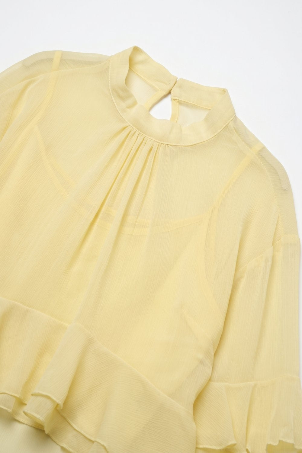 Yellow Chiffon Ruffle Tiered Flared Sleeve High Neck Blouse Top