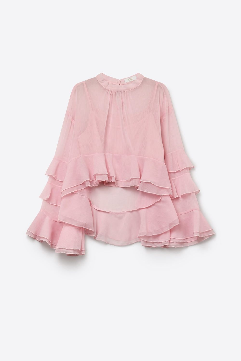 Light Pink Chiffon Ruffle Tiered High Neck Asymmetrical Blouse Top