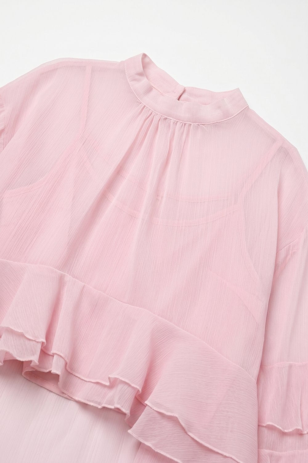 Light Pink Chiffon Ruffle Tiered High Neck Asymmetrical Blouse Top