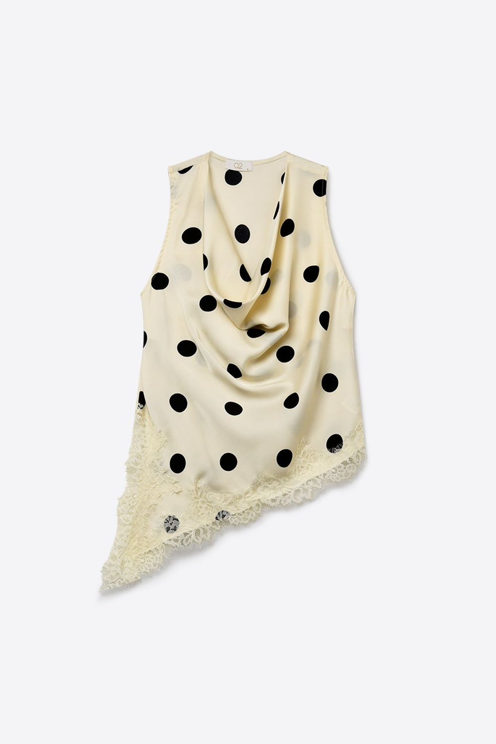 Cream Polka-Dot Satin Lace Trim Asymmetrical Sleeveless Top