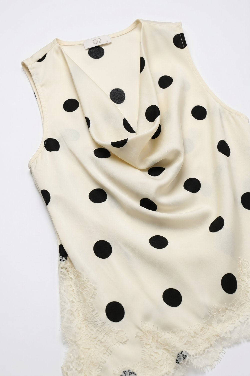 Cream Polka-Dot Satin Lace Trim Asymmetrical Sleeveless Top